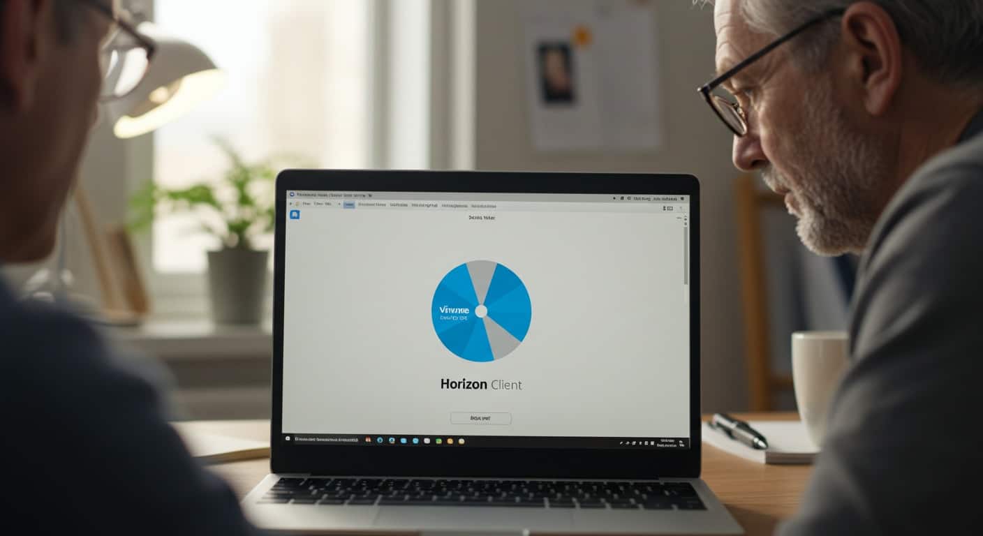 IT professionals examining a stalled VMware Horizon Client loading screen, highlighting compatibility issues with Windows 11.