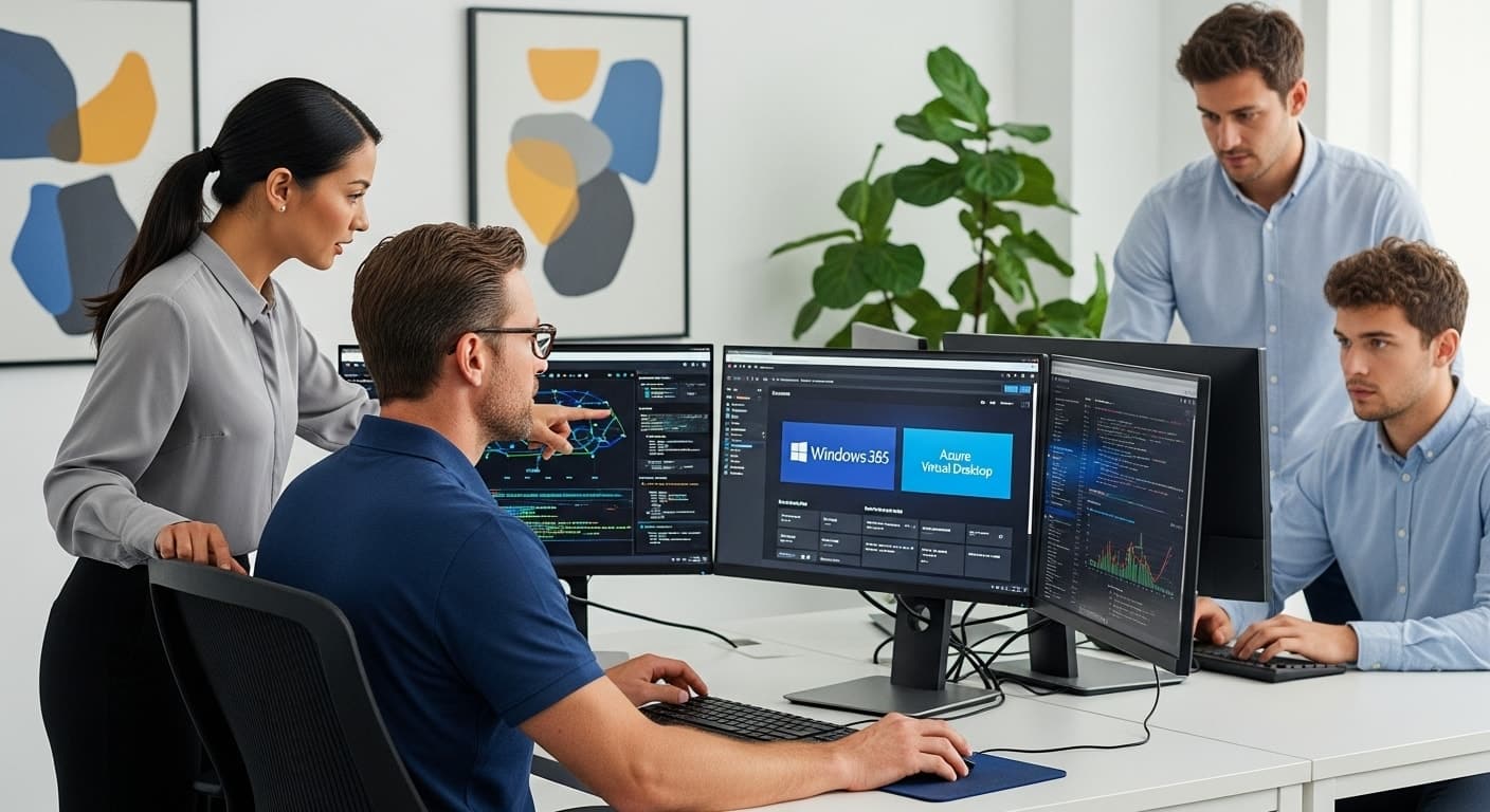 Team of developers collaborating in an office, analyzing Windows 365 and Azure Virtual Desktop interfaces on dual monitors.