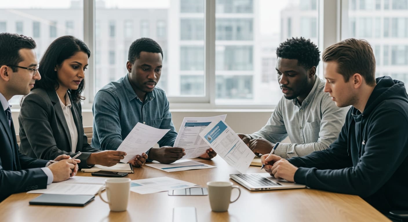 Business team reviewing licensing and pricing options for VMware Fusion vs Workstation in a strategy meeting.