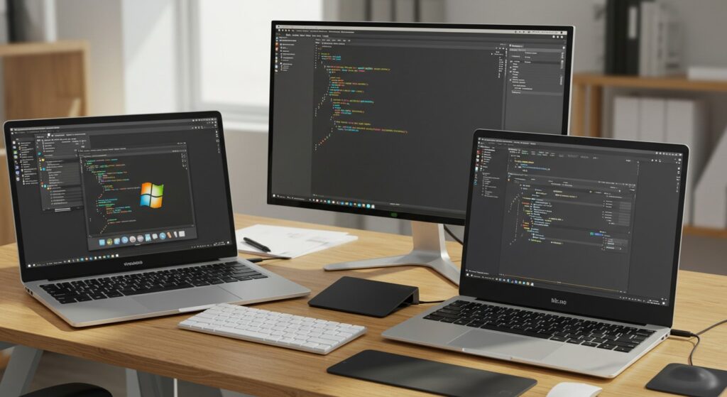 Multiple laptops and monitor running virtual machines to demonstrate VMware Fusion vs Workstation cross-platform use.