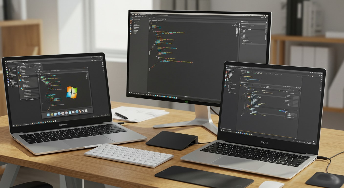 Multiple laptops and monitor running virtual machines to demonstrate VMware Fusion vs Workstation cross-platform use.