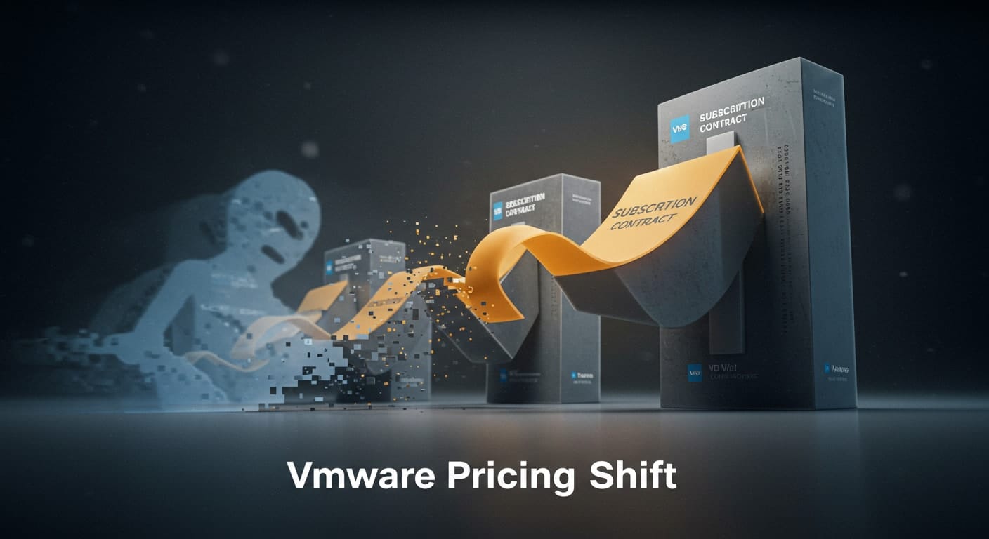 Illustration showing the shift in VMware pricing from legacy models to bundled subscription contracts, symbolizing structural changes in licensing.