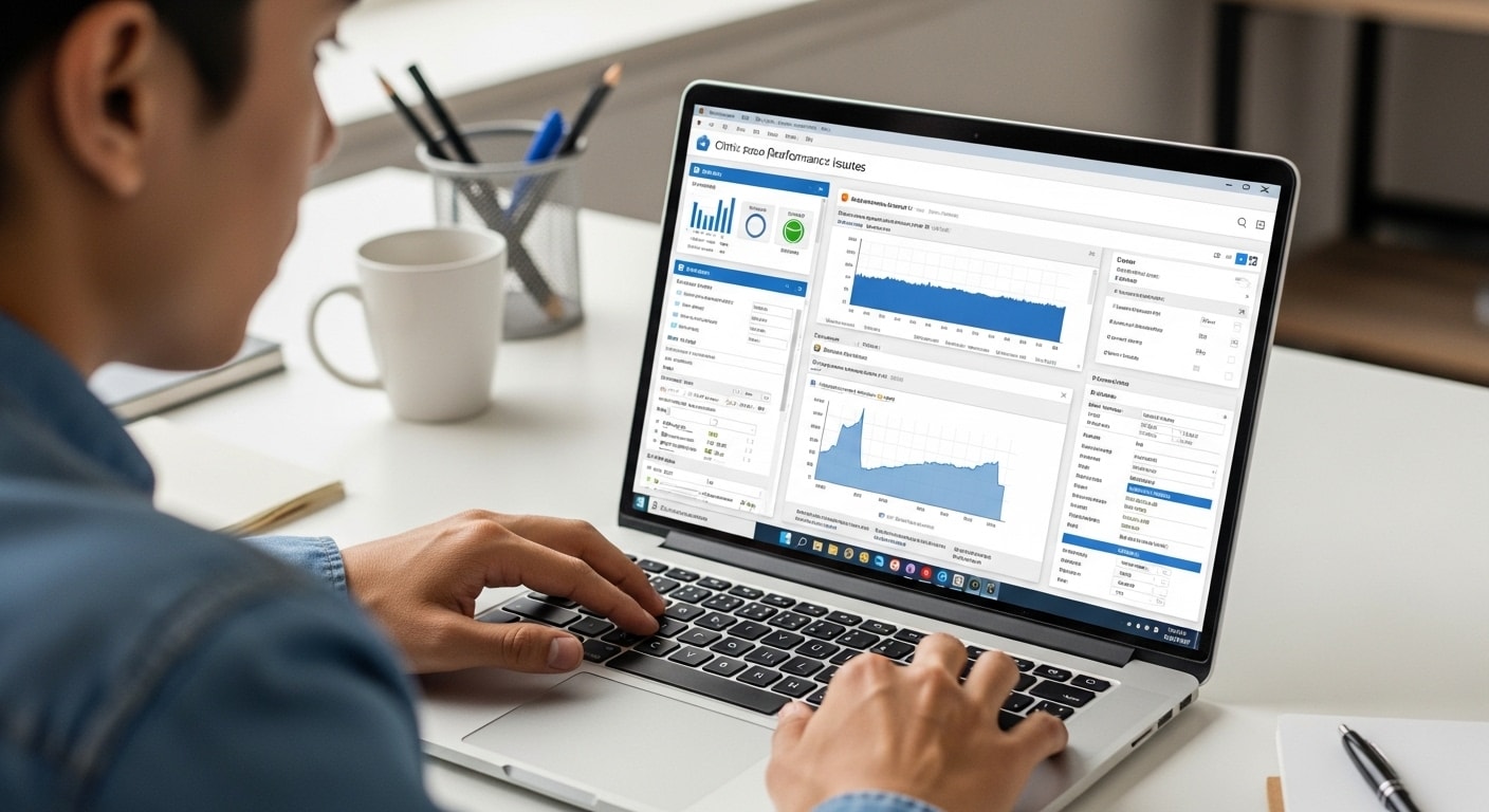 User analyzing Citrix performance data on a laptop, using diagnostics to uncover potential slowdowns in virtual desktop and application environments.