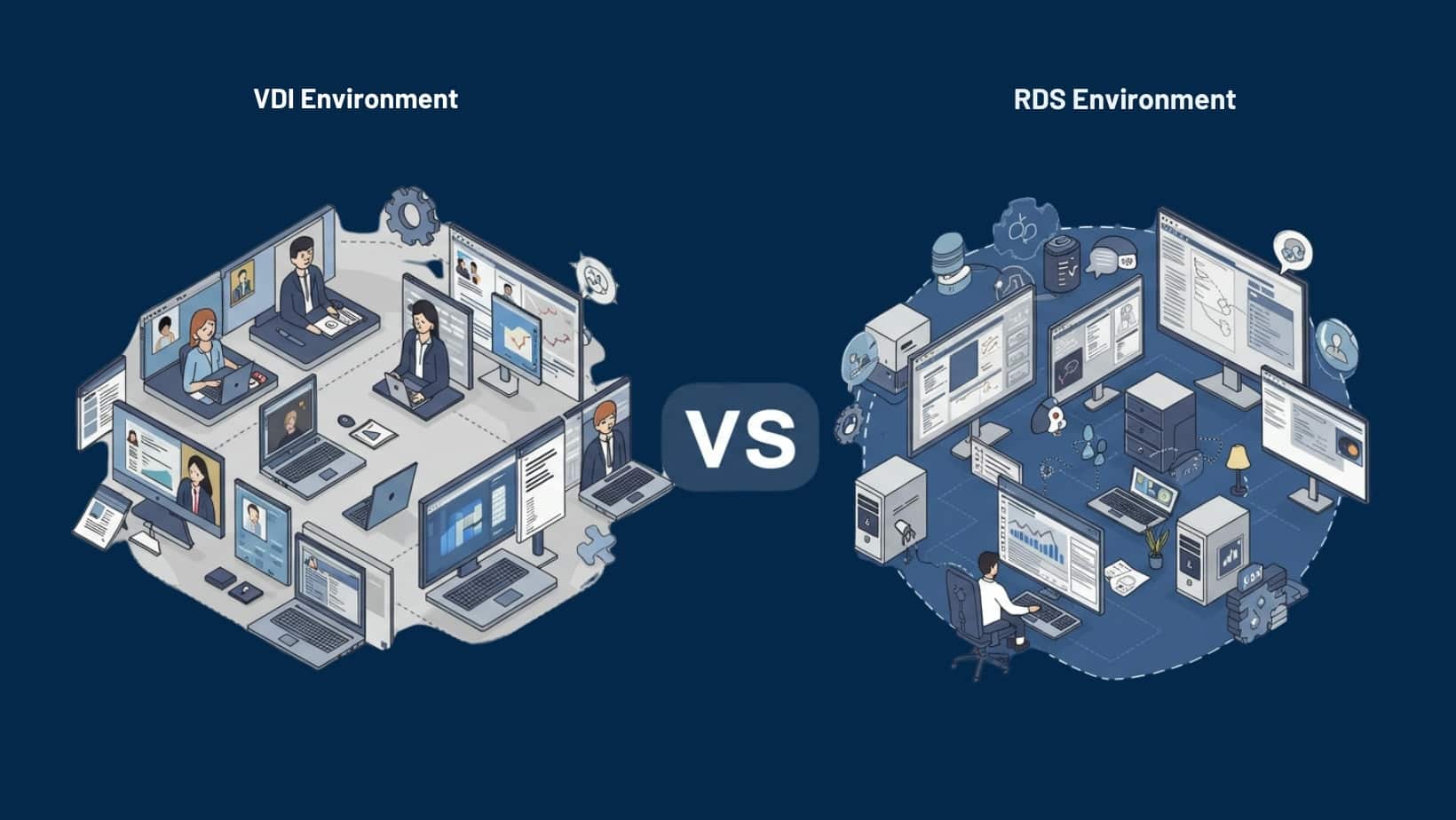 Illustration highlighting individual virtual desktop environments versus centralized remote desktop services for multiple users