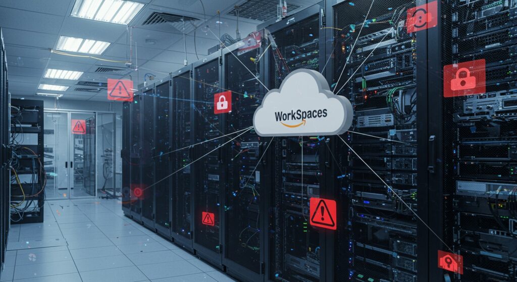 Server room with a cloud labeled Amazon WorkSpaces connected to red warning and lock icons, visualizing common security issues with Amazon WorkSpaces VDI environments.