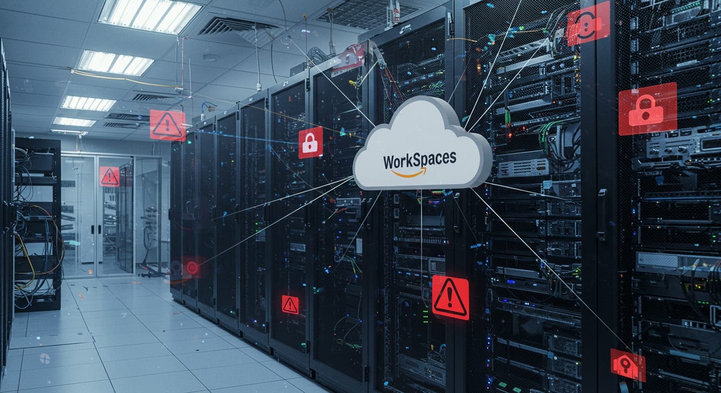 Server room with a cloud labeled Amazon WorkSpaces connected to red warning and lock icons, visualizing common security issues with Amazon WorkSpaces VDI environments.