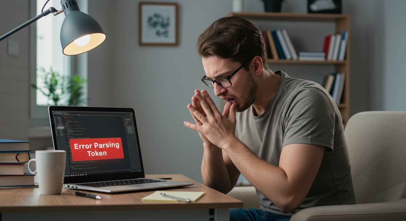 Frustrated user encountering "Error parsing token" on VMware Horizon login screen, highlighting remote desktop access failure.