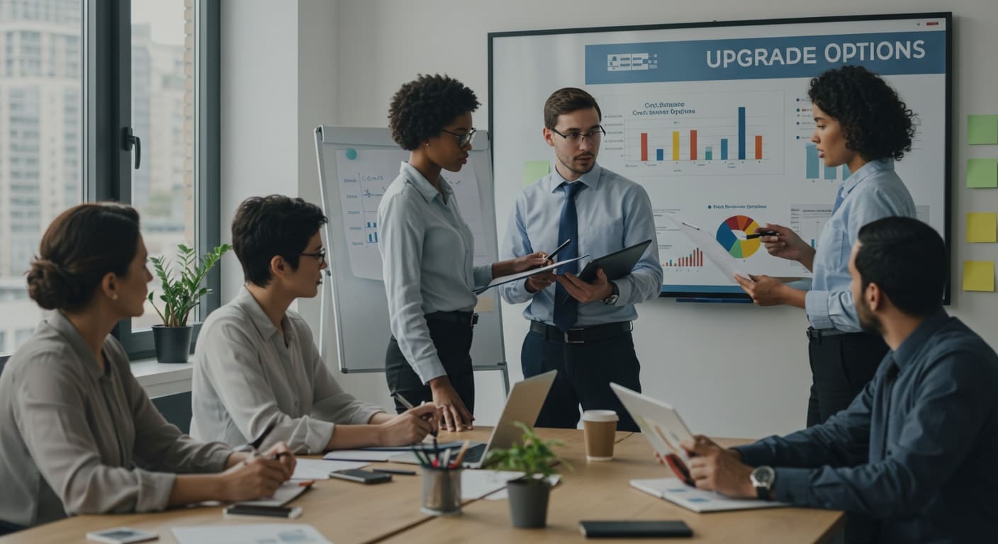 Business team evaluating VMware pricing and upgrade options in a strategy session focused on infrastructure cost planning.