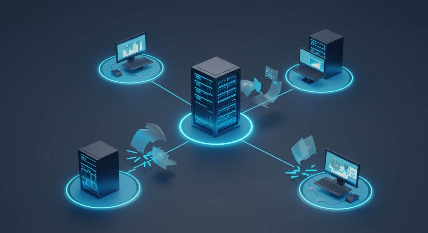Visual illustrating centralized data backup and disaster recovery solutions, emphasizing data protection and continuity