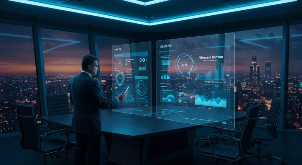 Business leader reviewing Citrix VDI vs VMware Horizon comparison on futuristic digital screens