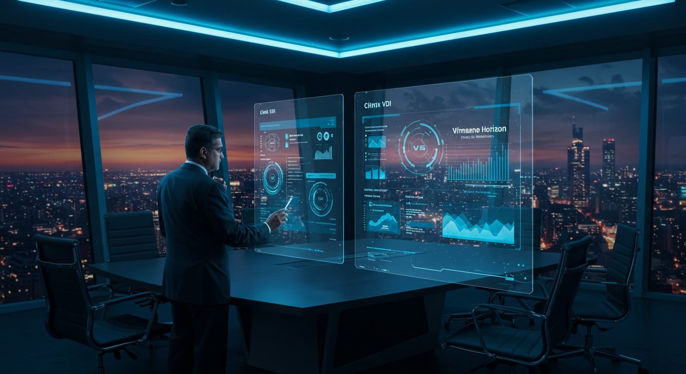 Business leader reviewing Citrix VDI vs VMware Horizon comparison on futuristic digital screens