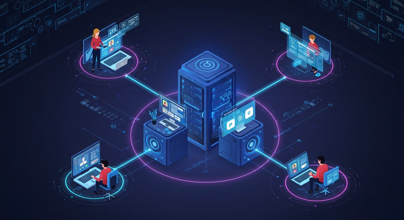 Conceptual illustration of users connected to a centralized server, depicting connectivity differences in VDI vs RDP setups