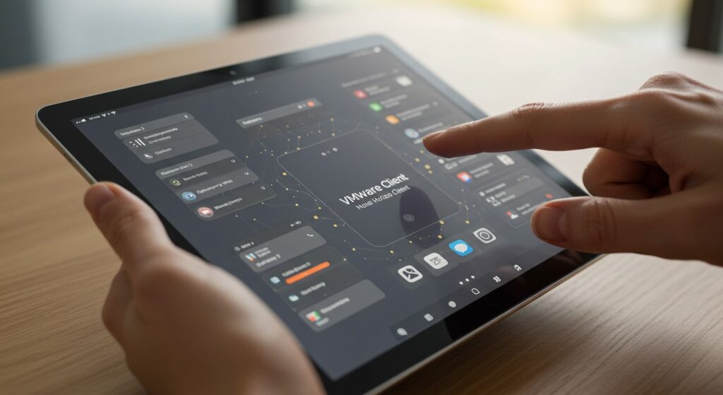 User interacting with VMware Client interface on a tablet, visually representing remote access and the core concept behind what is VMware Horizon.
