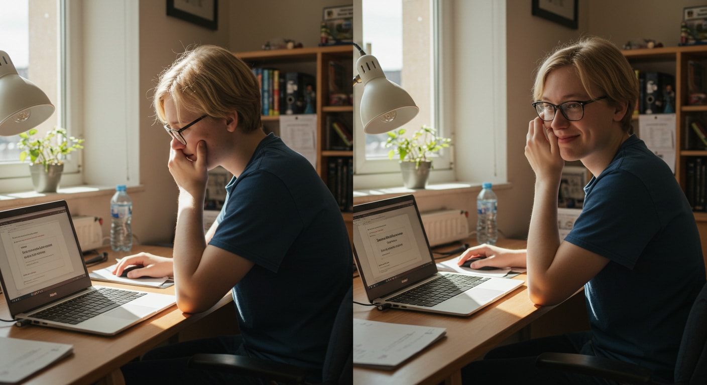 Student frustrated by virtual desktop errors on laptop then relieved after fixing the issue, illustrating Why Does Citrix Keep Disconnecting problems.