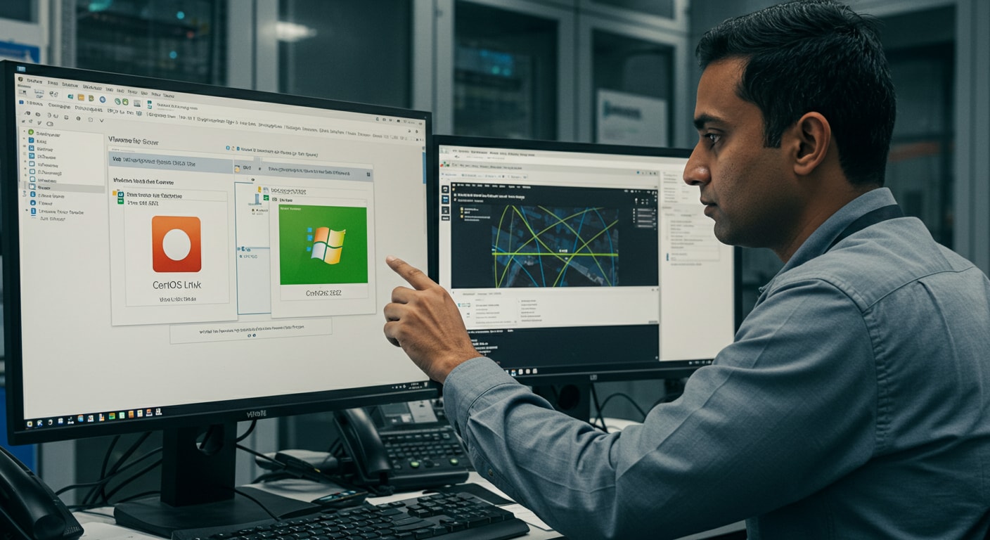 Engineer deploying Linux and Windows virtual machines on VMware vSphere for multi-OS compatibility