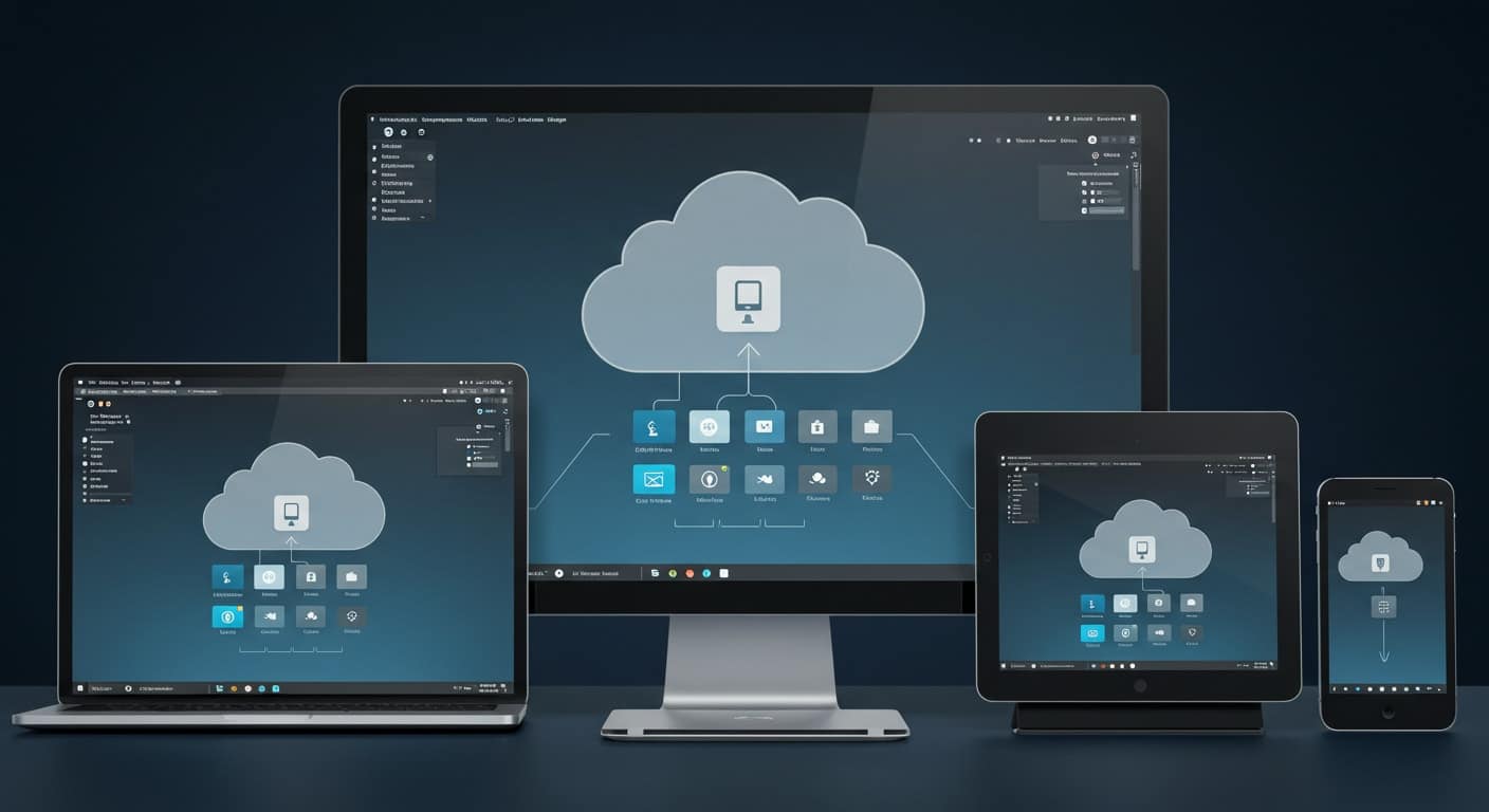 Cloud desktop interface streamed to laptop, desktop, tablet, and smartphone, showcasing cross-device compatibility in DaaS vs SaaS.