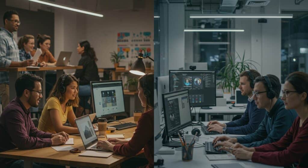 Teams working on Cameyo vs Citrix virtual desktops, showing collaboration in modern workplaces.