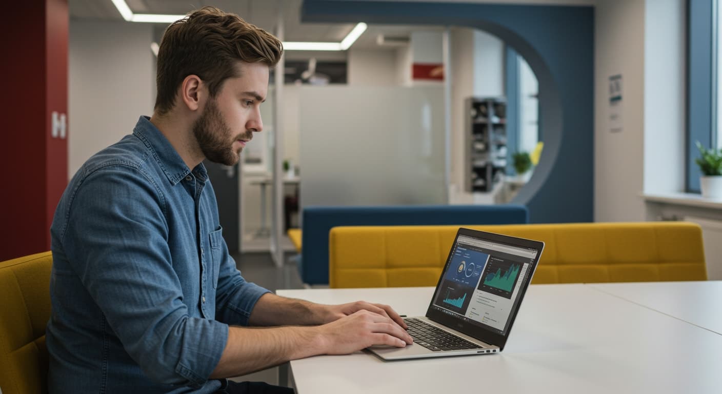 IT professional reviewing cloud performance dashboards while setting up VDI in a modern remote-ready workspace.