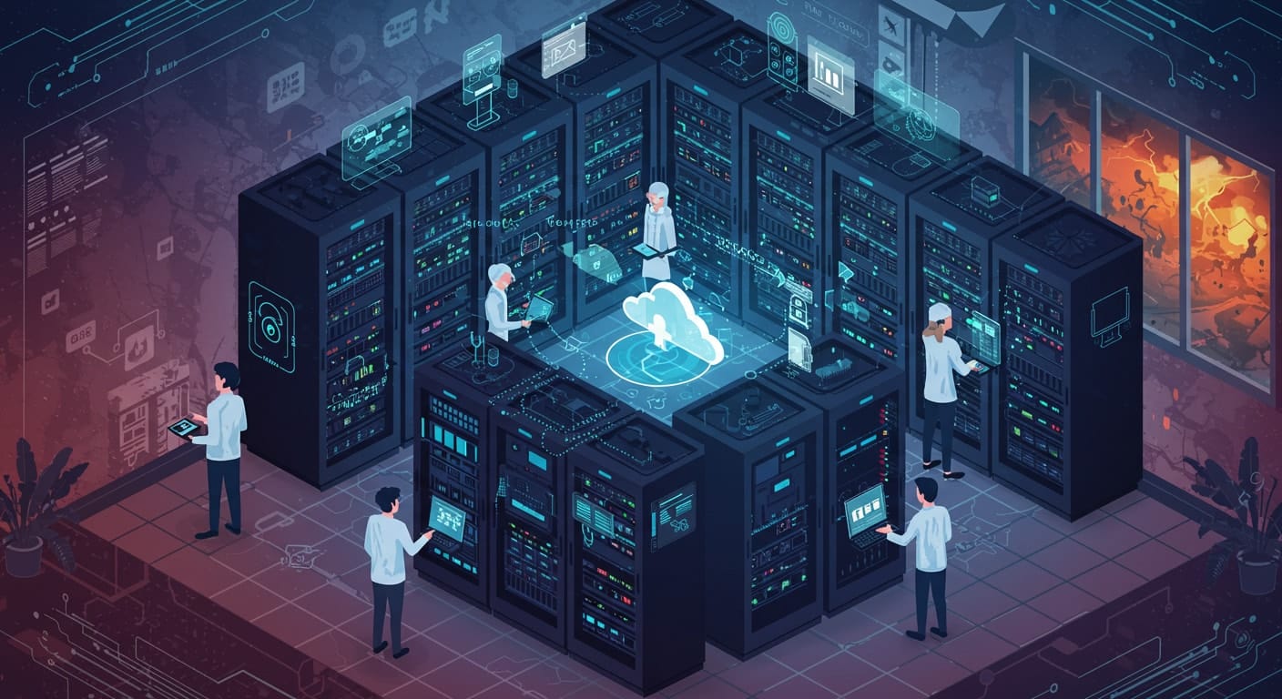 Team of IT professionals efficiently managing cloud-based servers, emphasizing simplified administration and disaster re