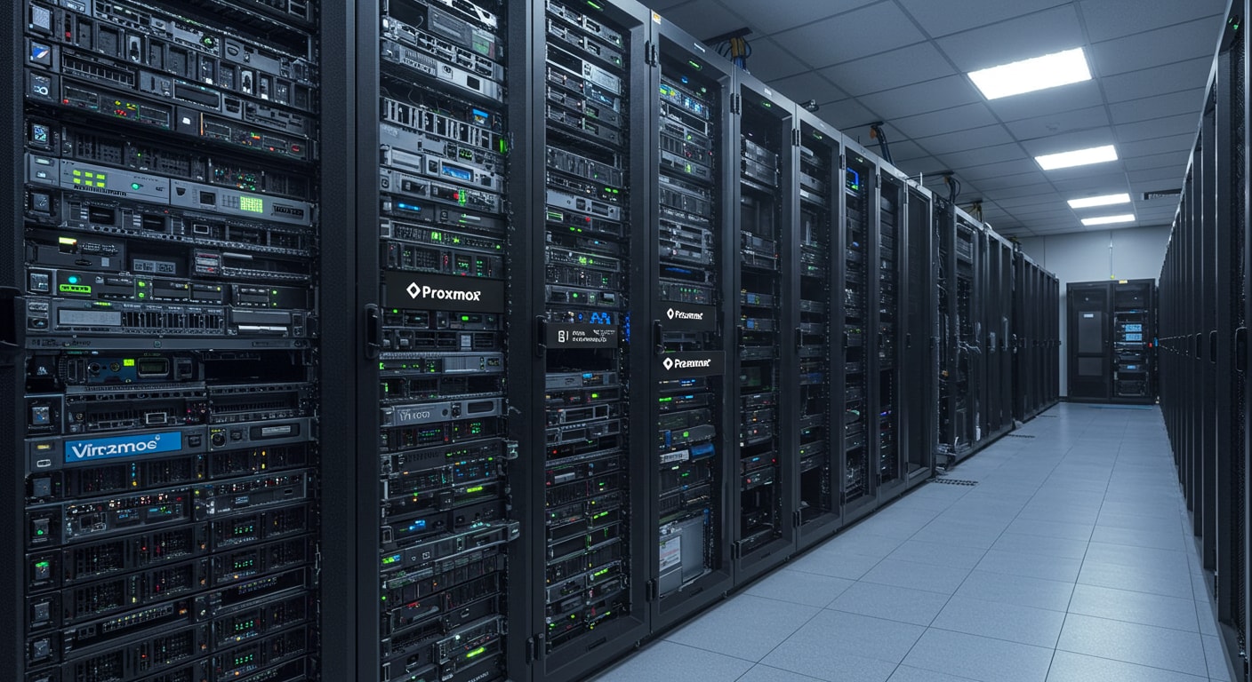 Data center server racks running Proxmox vs VMware virtualization platforms for enterprise infrastructure.