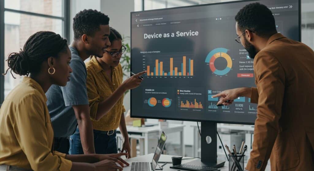 Business team analyzing detailed dashboard illustrating transparent and scalable device as a service pricing