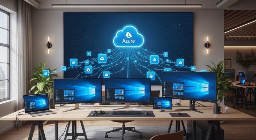 Modern office setup with multiple Windows desktops and Azure cloud network visualization, representing what is Azure Virtual Desktop and its cloud-based VDI architecture.