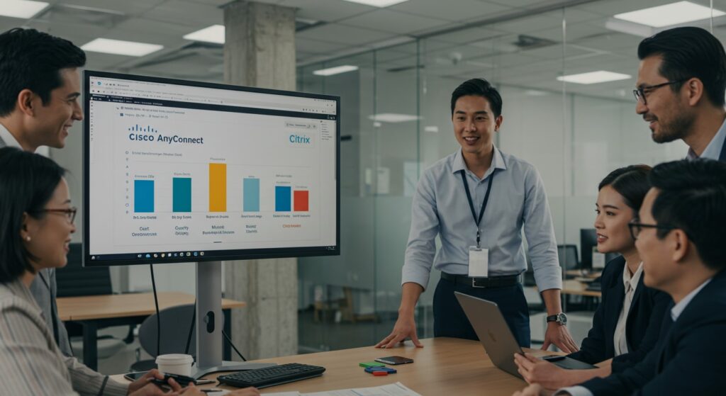 Business team reviewing Cisco AnyConnect vs Citrix performance comparison on a presentation screen.