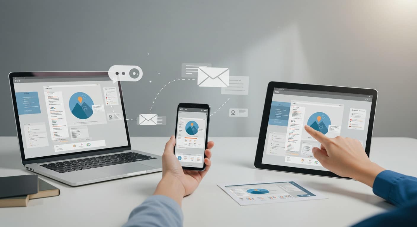 User seamlessly accessing and managing data across laptop, tablet, and smartphone, highlighting cross-device accessibility