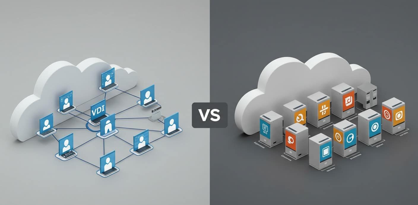 Side-by-side visual of VDI vs VM showing centralized desktop access versus diverse OS virtual machines.