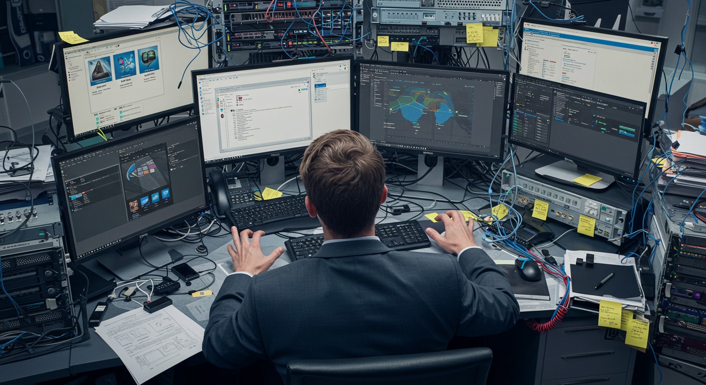 Overloaded IT admin managing a complex VDI setup, representing the challenges that drive interest in VMware Horizon alternatives.