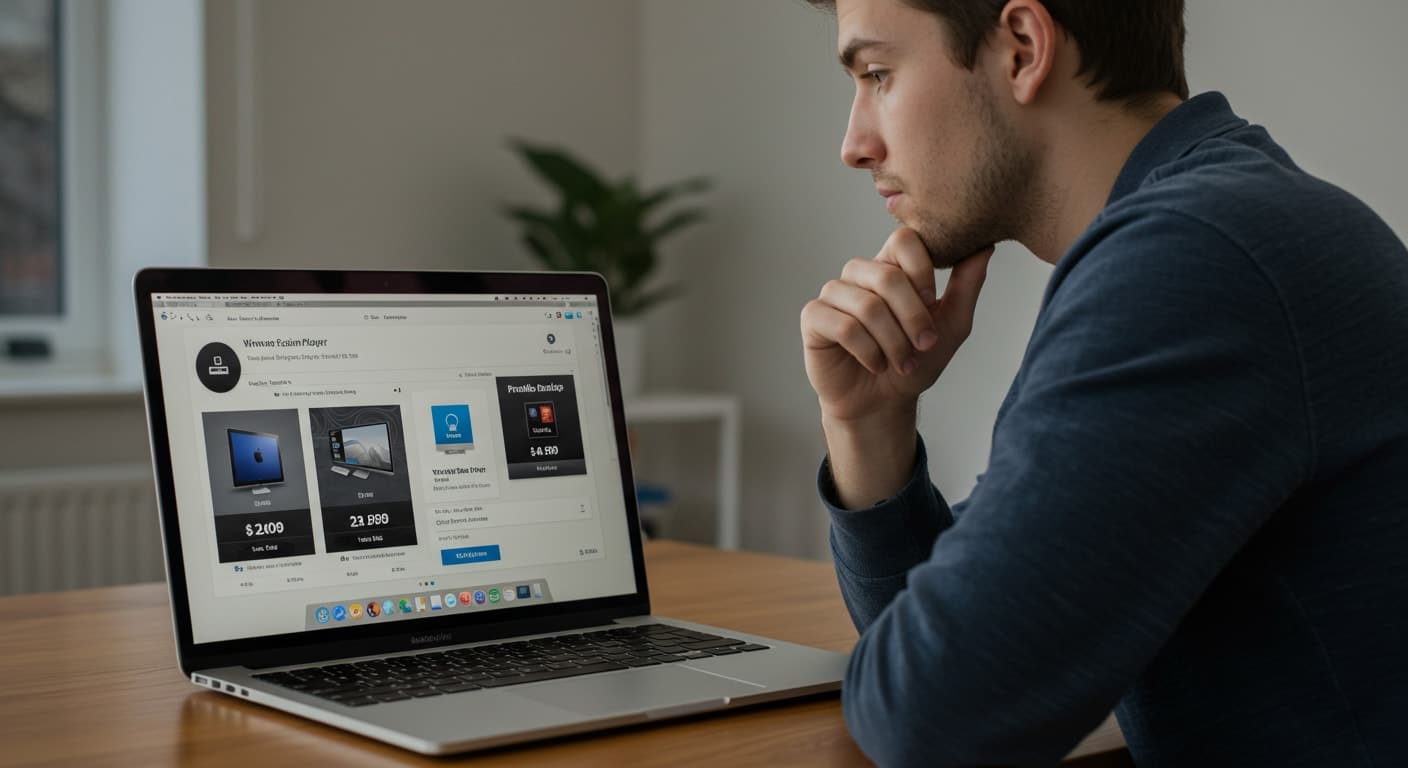 Mac user comparing VMware Fusion Player free version and Parallels Desktop subscription pricing
