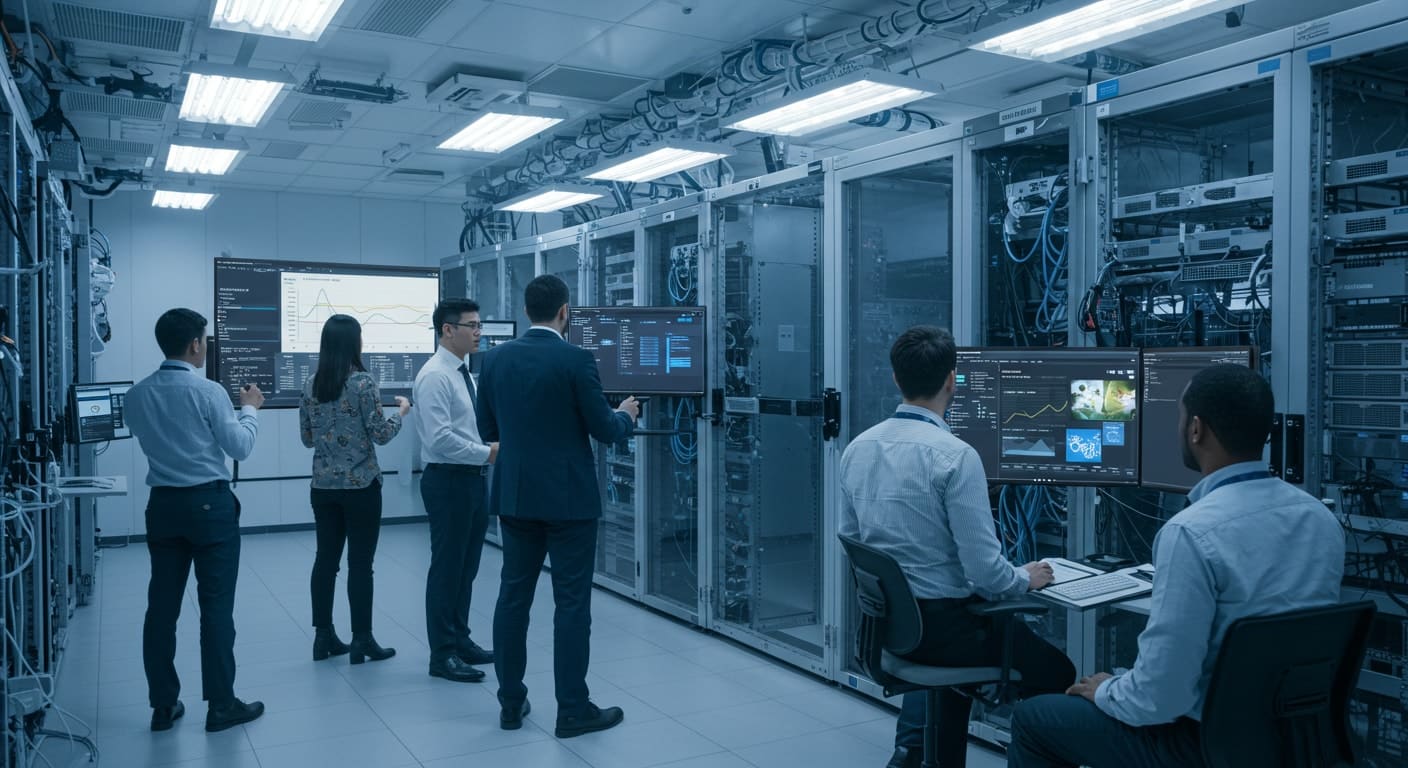 IT team managing enterprise virtualization workloads with Hyper-V and VMware platforms in a server room