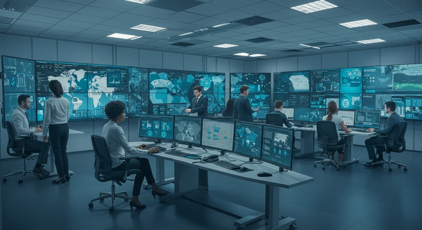 IT professionals managing large-scale infrastructure in a secure command center, representing enterprise-level control enabled by Citrix XenDesktop VDI.