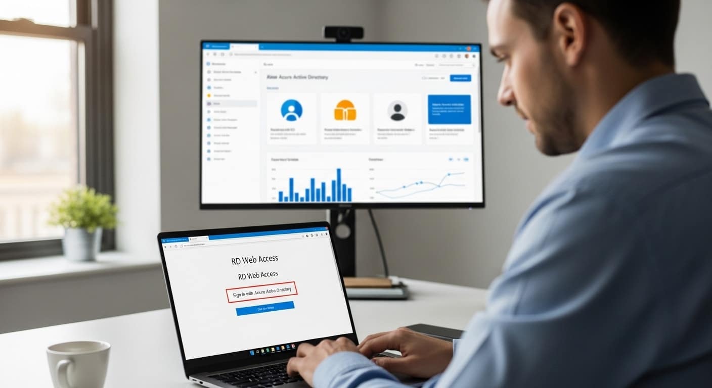 User signing into Azure Virtual Desktop through RD Web Access and Azure Active Directory, showing secure login flow in Azure Virtual Desktop architecture.