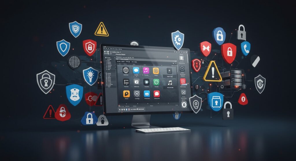 VDI dashboard displaying security alerts, threat icons, and protective shield symbols, illustrating layered virtual desktop security controls.