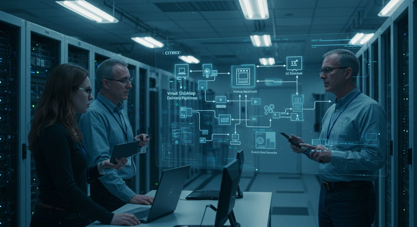 IT team in a data center reviewing Citrix XenDesktop VDI architecture, showcasing virtual desktop delivery pipelines and backend infrastructure.