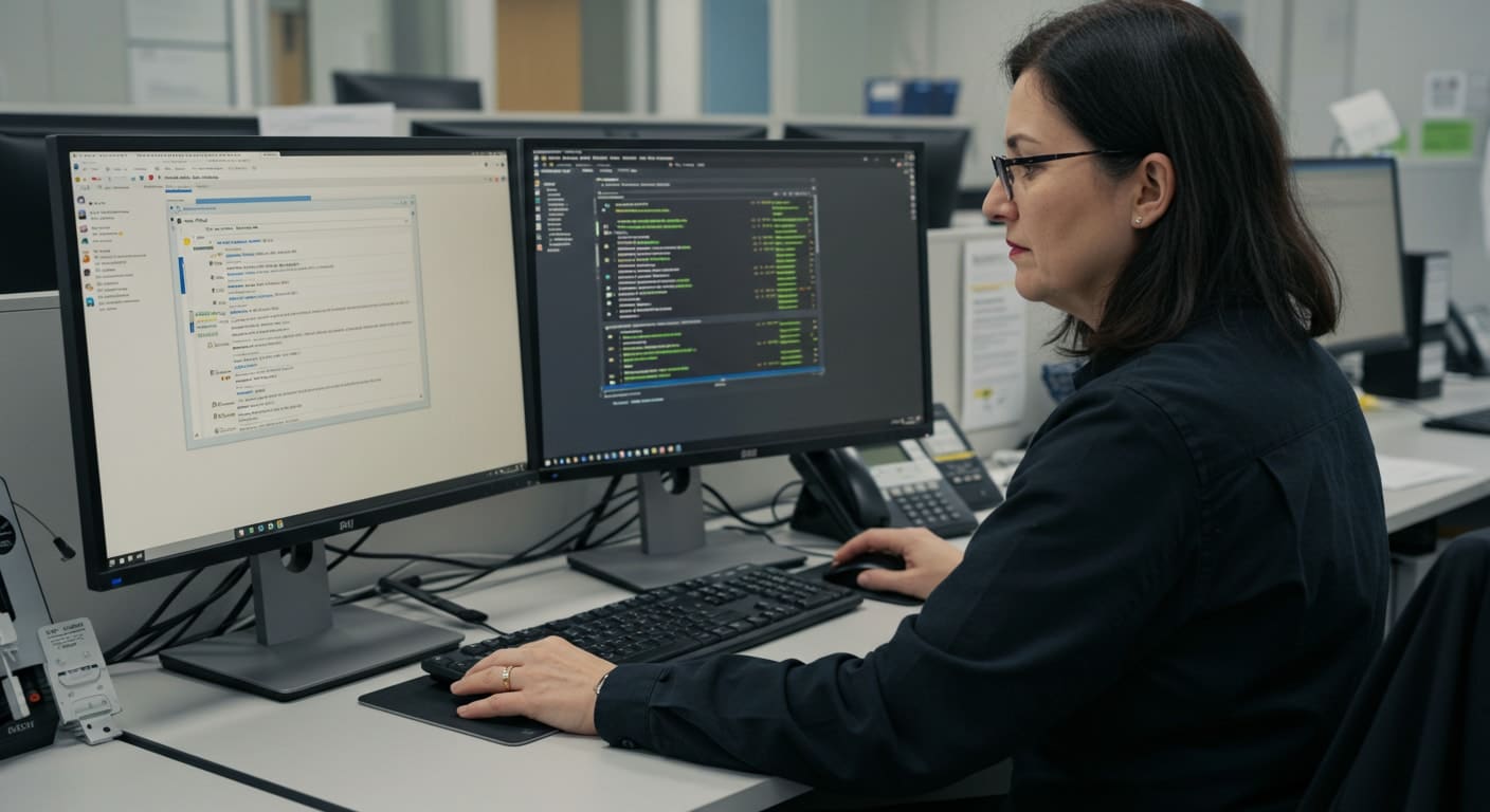 IT administrator managing Citrix VDA configuration and monitoring tools on dual monitors in an office environment