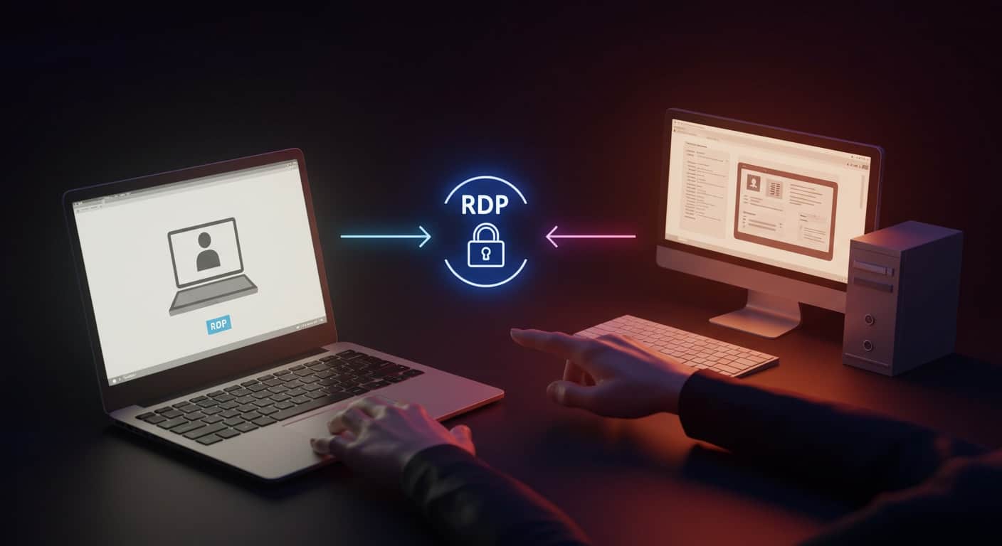 Visual representation of secure RDP connection between laptop and desktop, highlighting security considerations in VDI vs RDP