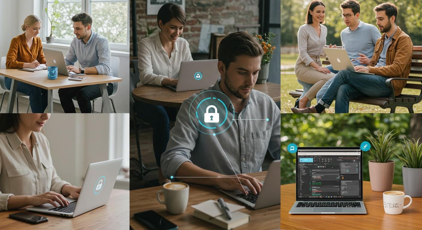 Collage showing employees securely using devices remotely, highlighting benefits of predictable device as a service pricing.