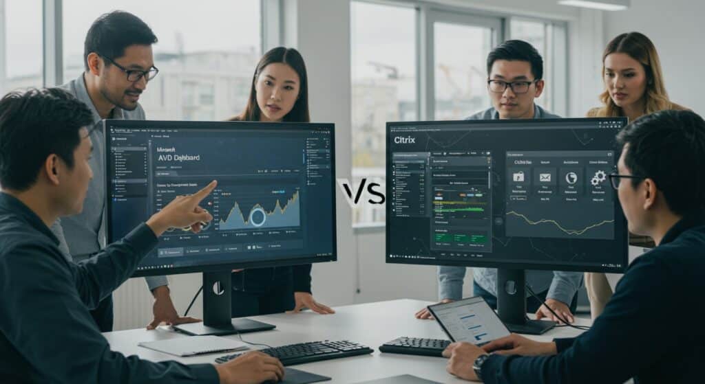 IT team comparing Azure Virtual Desktop vs Citrix dashboards for virtualization management