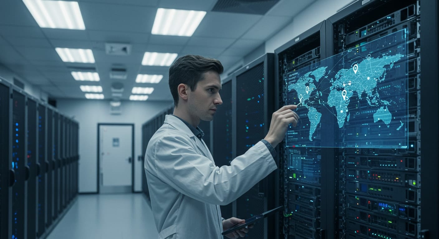 IT engineer interacting with a virtual global network interface while setting up VDI in a high-security data center.