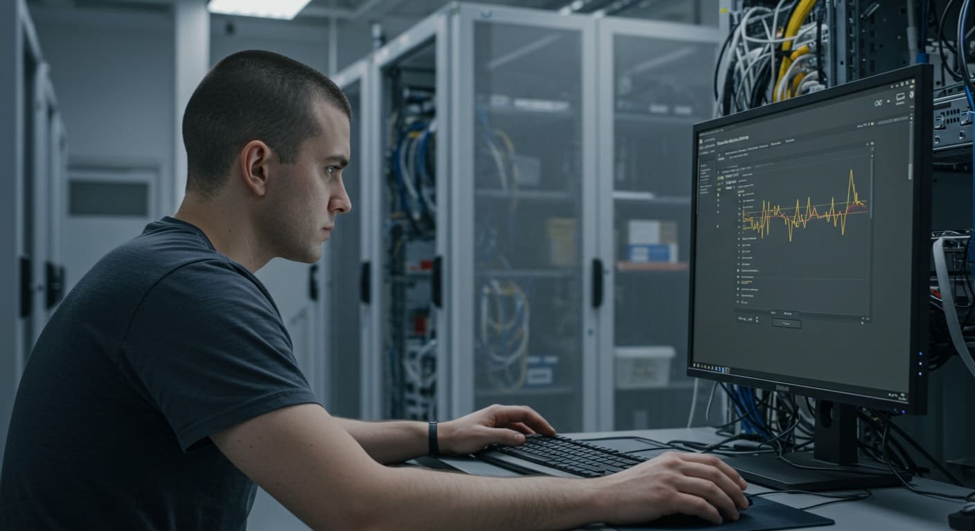 IT specialist monitoring server performance graphs on screen, demonstrating what is Citrix VDA optimization for faster virtual desktops.