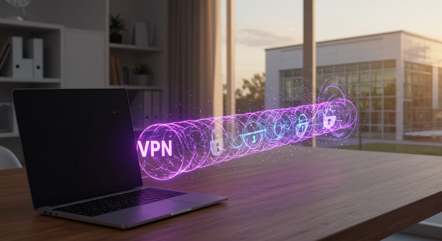 Visual representation of a VPN tunnel extending from a laptop, highlighting the network encryption element.