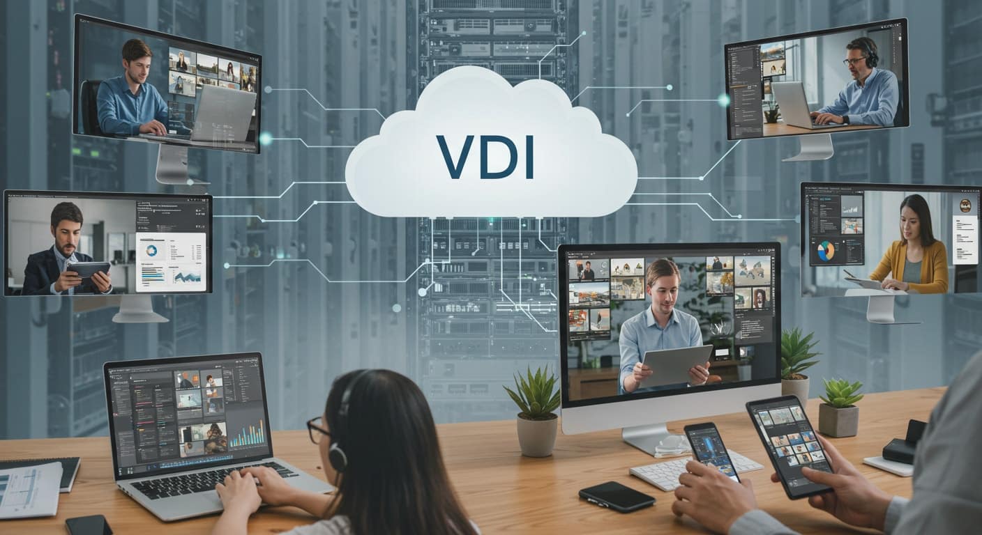 Remote team members using virtual desktops from various devices, connected to centralized servers via VDI cloud providers.