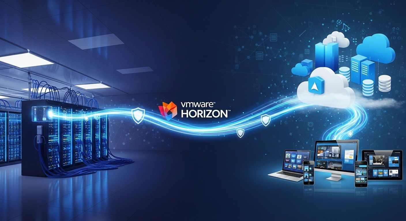 VMware Horizon cloud infrastructure visualization highlighting secure desktop delivery and integration with Azure Virtual Desktop vs VMware Horizon comparison.