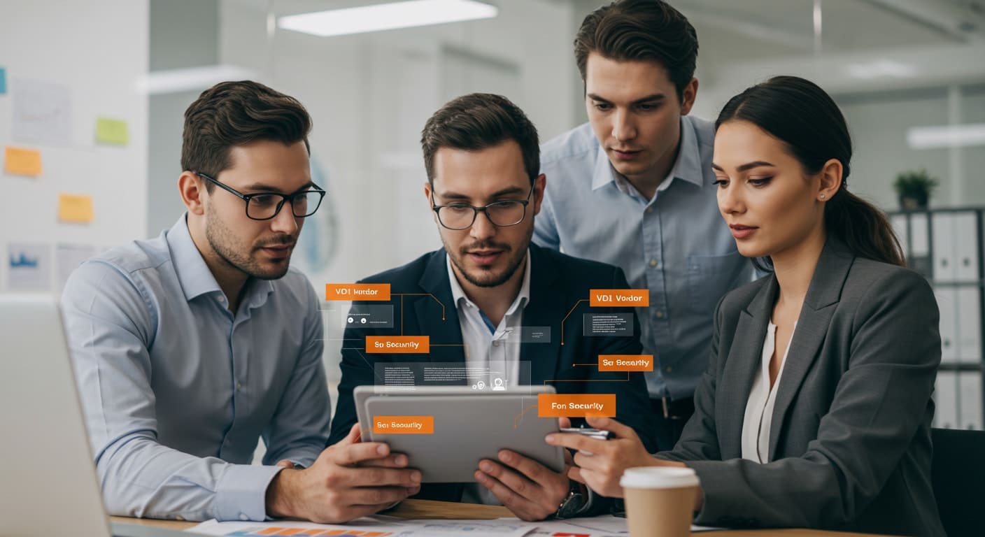 IT team evaluating VDI security features and vendor options on a tablet, focusing on secure virtual desktop deployment strategies.