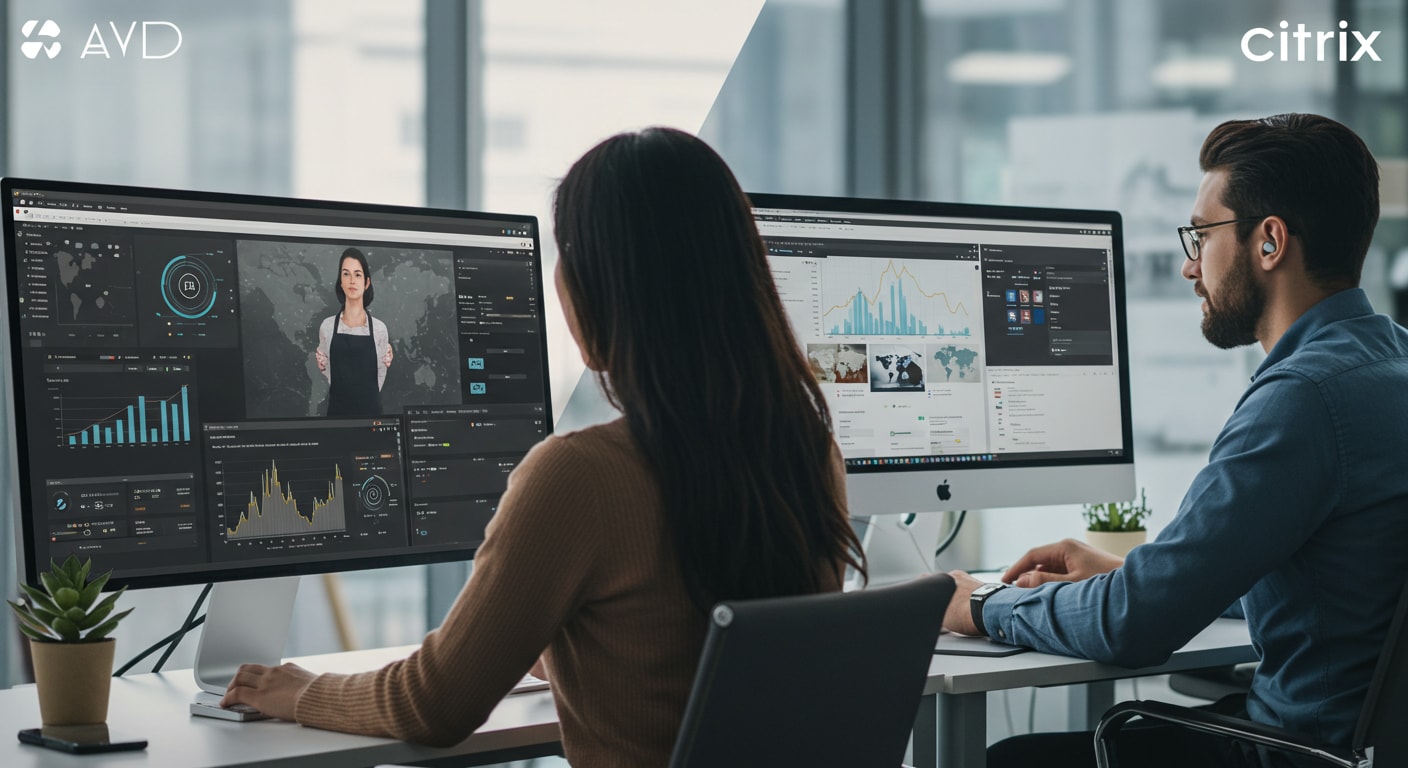 Business professionals comparing performance of Azure Virtual Desktop vs Citrix Virtual Apps