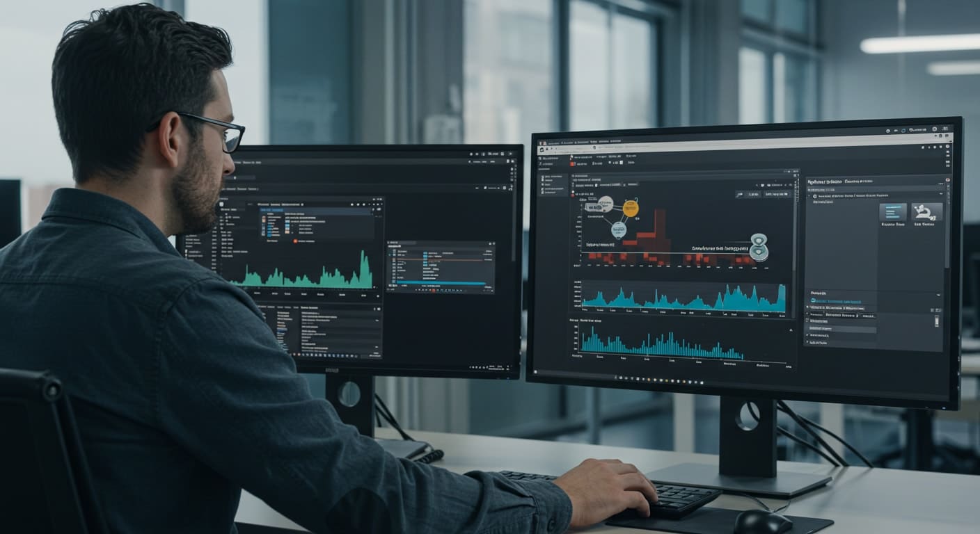 System administrator reviewing VMware and Hyper-V performance metrics across multiple dashboards