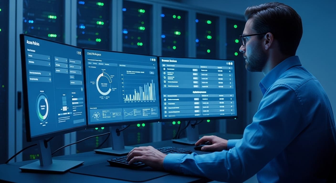 IT administrator monitoring browser security dashboards and analytics, demonstrating what is Citrix Enterprise Browser and how it enhances enterprise security management.