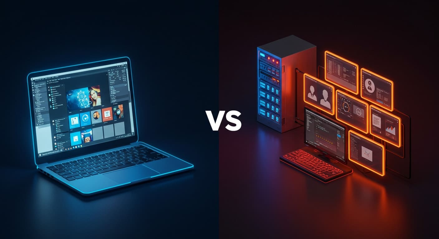 Laptop and centralized server comparison illustrating the key differences between VDI vs RDP environments